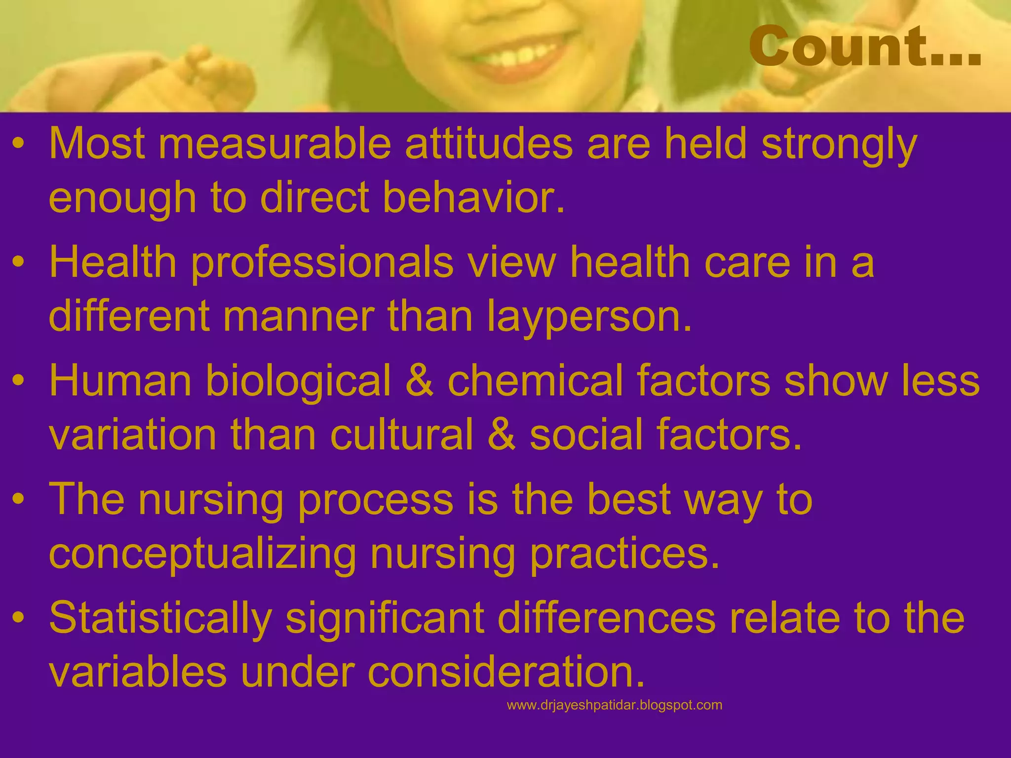 Count…
• Most measurable attitudes are held strongly
enough to direct behavior.
• Health professionals view health care in a
different manner than layperson.
• Human biological & chemical factors show less
variation than cultural & social factors.
• The nursing process is the best way to
conceptualizing nursing practices.
• Statistically significant differences relate to the
variables under consideration.
www.drjayeshpatidar.blogspot.com
 