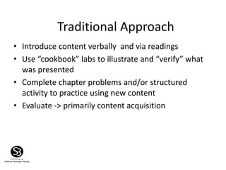 Traditional Approach
• Introduce content verbally and via readings
• Use “cookbook” labs to illustrate and “verify” what
was presented
• Complete chapter problems and/or structured
activity to practice using new content
• Evaluate -> primarily content acquisition
 