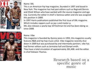 Research based on a
specific genre of
music
Name: XXL
This is an American hip hop magazine, founded in 1997 and based in
New York. The magazine has had past editors such as Reginald Dennis
and Elliott Wilson who have worked with the source magazine and ego
trip. Currently the editor in chief is Vanessa satten and she was assigned
this position in 2009.
In 1997 Harris publications published the first issue of XXL magazine.
Which includes rappers such as jay-z and master p.
XXL also releases a yearly top 10 freshman list and has been doing so
since 2008.
Name: Vibe
This magazine is founded by Quincy jones in 1993, this magazine usually
features R&B and hip hop music artist. Vibe magazine recently shut
down in 2009 but was purchased by and intermedia partners. vibe has
had former editors such as Jermaine hall and Danyel smith.
They have a total circulation of approximately 301,408. and the editor
in chief Datwon Thomas.
 