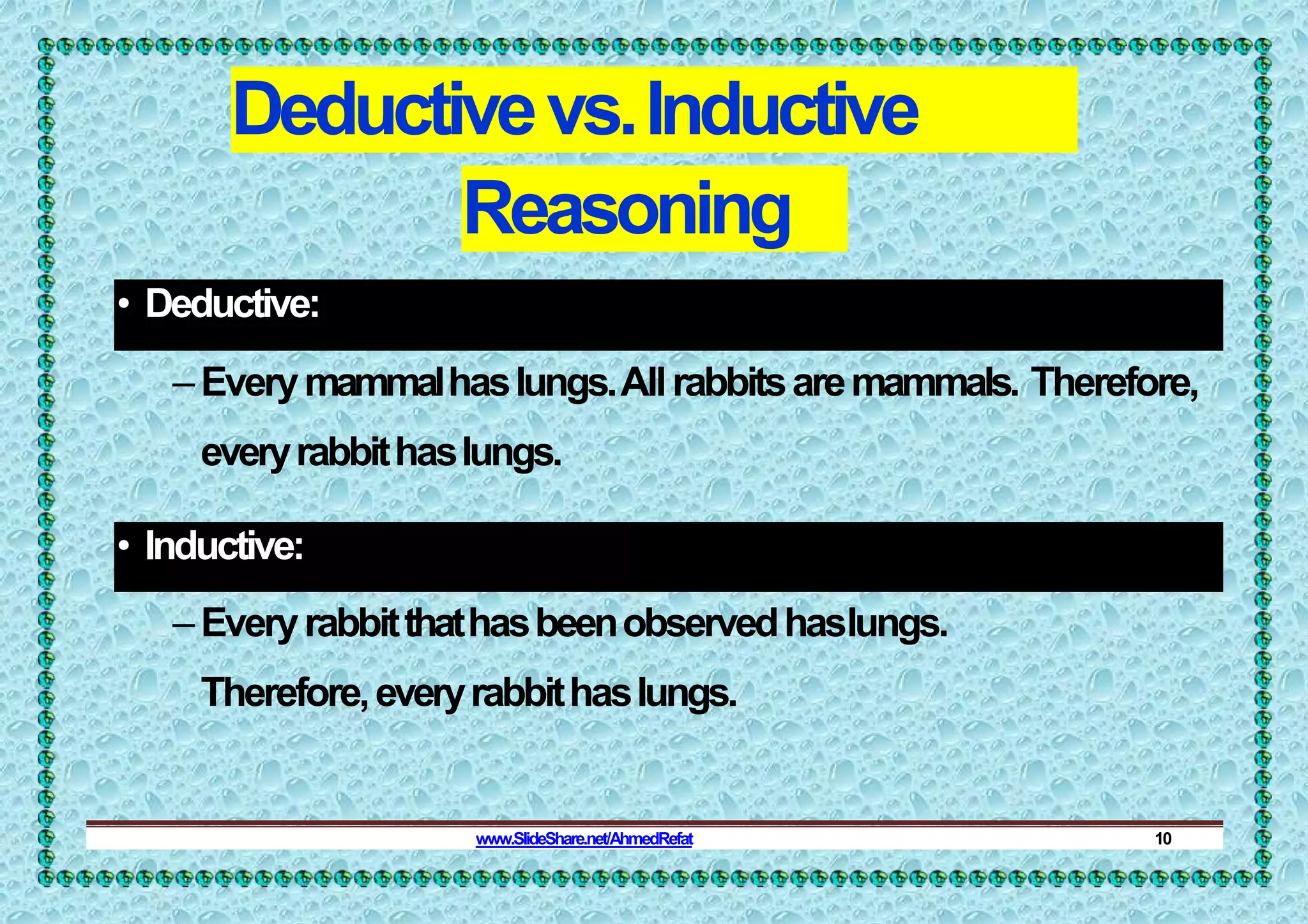 Deductivevs.Inductive
Reasoning
• Deductive:
–Everymammalhaslungs.Allrabbitsaremammals. Therefore,
everyrabbithaslungs.
• Inductive:
–Everyrabbitthathasbeenobservedhaslungs.
Therefore,everyrabbithaslungs.
www.SlideShare.net/AhmedRefat 10
 