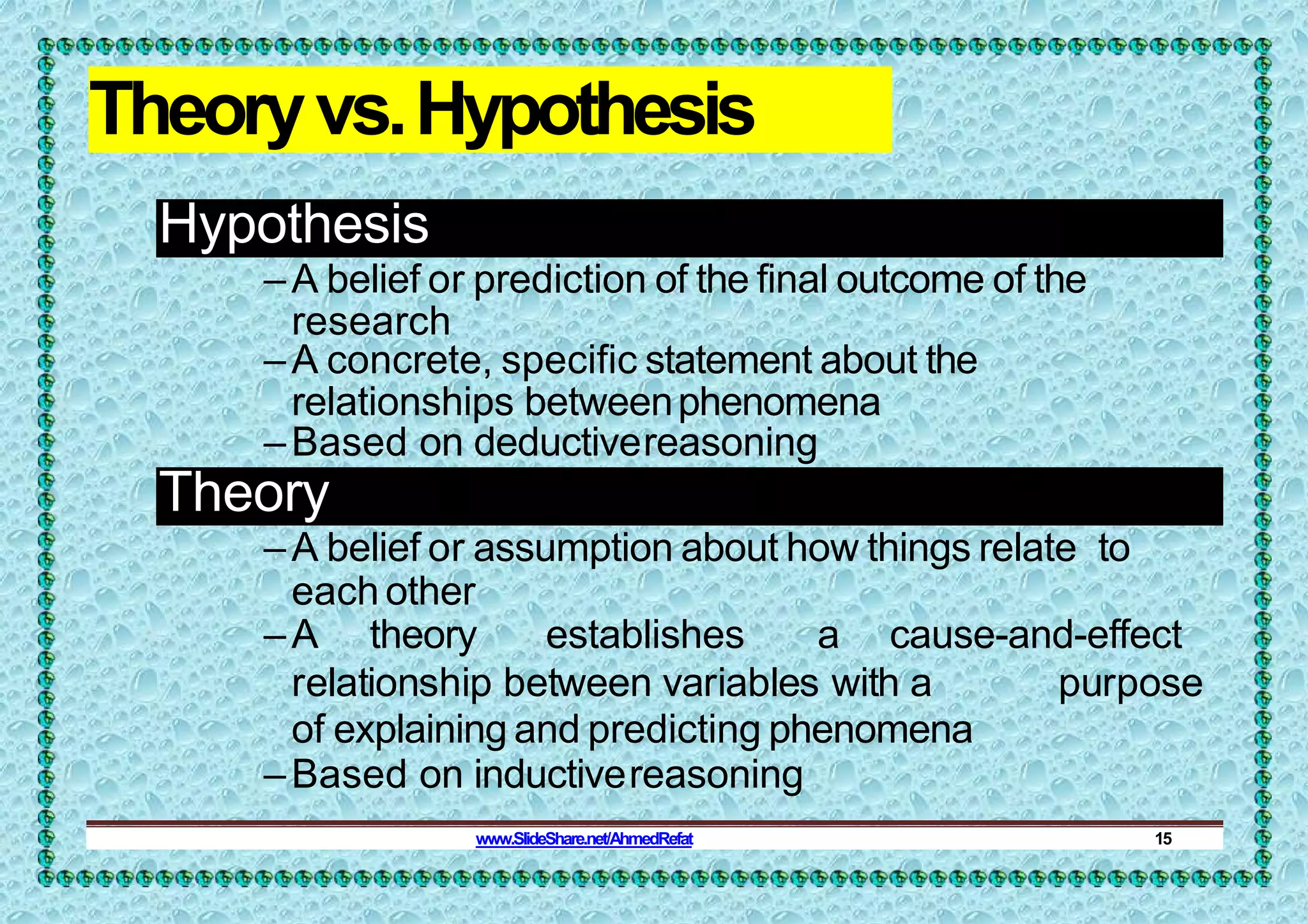 Theoryvs.Hypothesis
Hypothesis
–A belief or prediction of the final outcome of the
research
–A concrete, specific statement about the
relationships betweenphenomena
–Based on deductivereasoning
Theory
–A belief or assumption about how things relate to
each other
–A theory establishes a cause-and-effect
relationship between variables with a purpose
of explaining and predicting phenomena
–Based on inductivereasoning
www.SlideShare.net/AhmedRefat 15
 