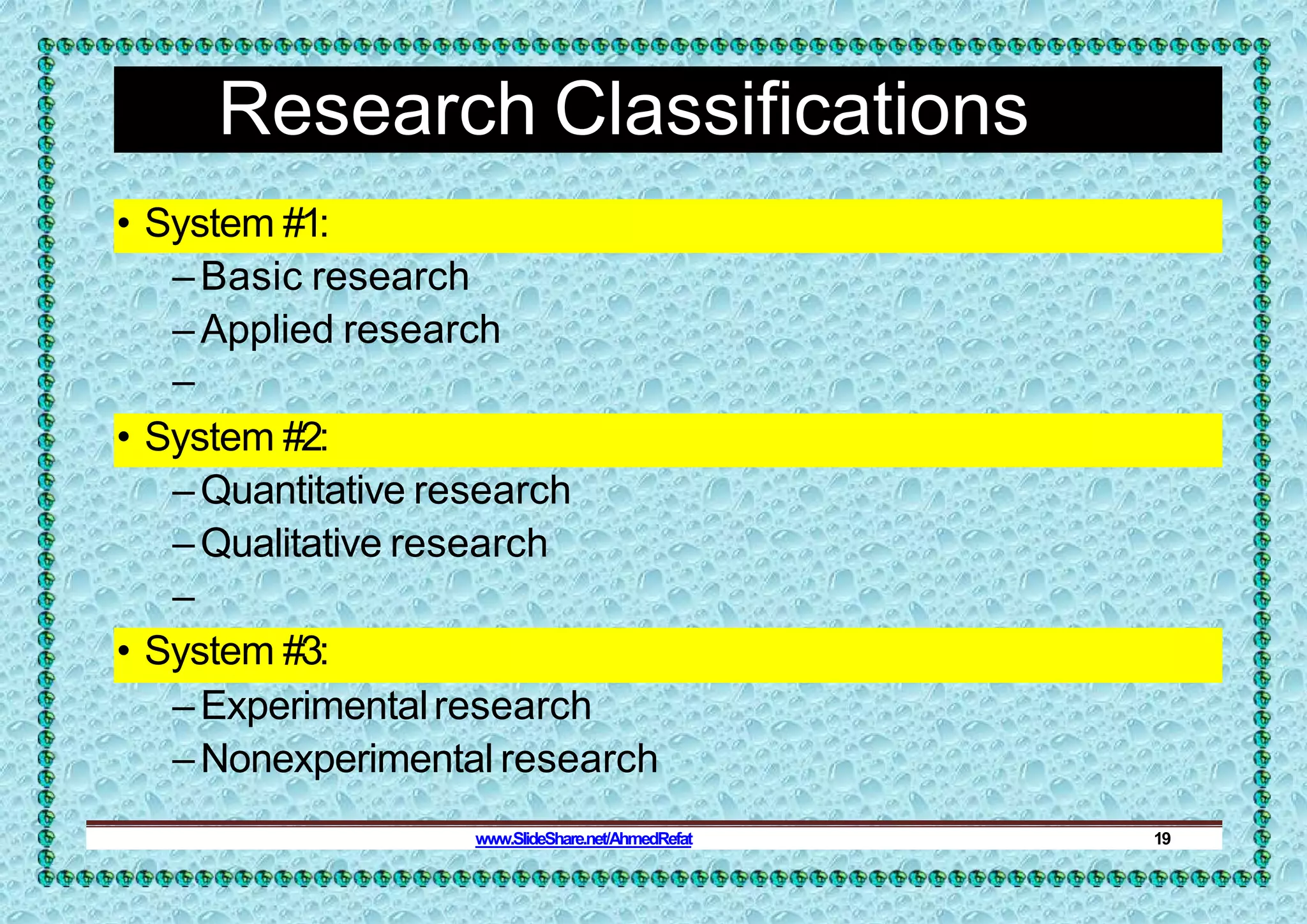 Research Classifications
• System #1:
–Basic research
–Applied research
–
• System #2:
–Quantitative research
–Qualitative research
–
• System #3:
–Experimentalresearch
–Nonexperimental research
www.SlideShare.net/AhmedRefat 19
 