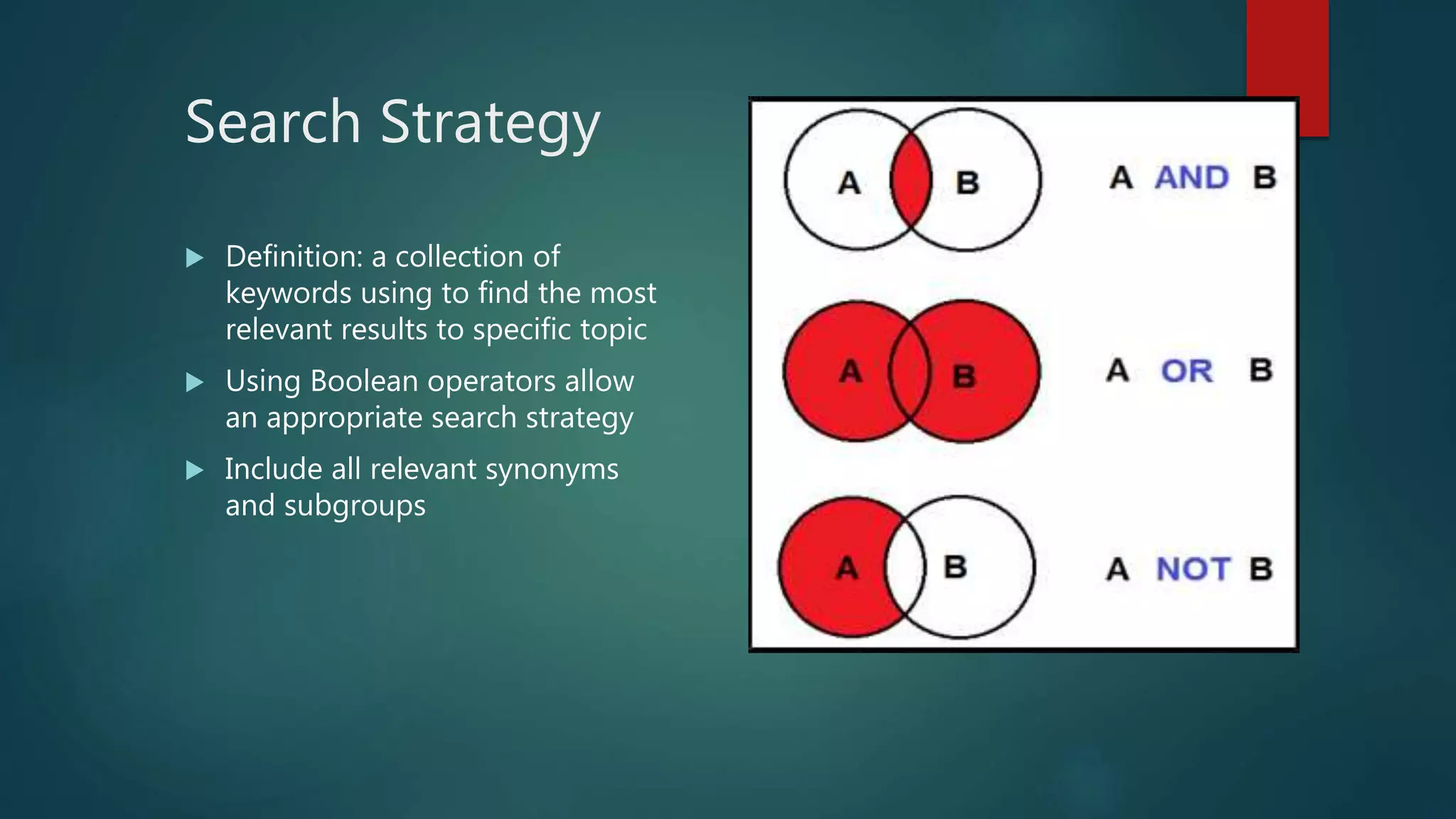 Search Strategy
 Definition: a collection of
keywords using to find the most
relevant results to specific topic
 Using Boolean operators allow
an appropriate search strategy
 Include all relevant synonyms
and subgroups
 