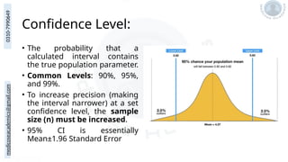 medicoseacademics@gmail.com
0310-7990649
Confidence Level:
• The probability that a
calculated interval contains
the true population parameter.
• Common Levels: 90%, 95%,
and 99%.
• To increase precision (making
the interval narrower) at a set
confidence level, the sample
size (n) must be increased.
• 95% CI is essentially
Mean±1.96 Standard Error
 