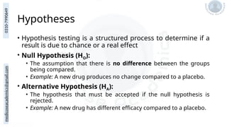 medicoseacademics@gmail.com
0310-7990649
Hypotheses
• Hypothesis testing is a structured process to determine if a
result is due to chance or a real effect
• Null Hypothesis (HO):
• The assumption that there is no difference between the groups
being compared.
• Example: A new drug produces no change compared to a placebo.
• Alternative Hypothesis (HA):
• The hypothesis that must be accepted if the null hypothesis is
rejected.
• Example: A new drug has different efficacy compared to a placebo.
 