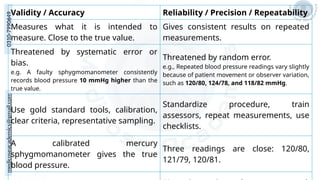 medicoseacademics@gmail.com
0310-7990649
Validity / Accuracy Reliability / Precision / Repeatability
Measures what it is intended to
measure. Close to the true value.
Gives consistent results on repeated
measurements.
Threatened by systematic error or
bias.
e.g. A faulty sphygmomanometer consistently
records blood pressure 10 mmHg higher than the
true value.
Threatened by random error.
e.g., Repeated blood pressure readings vary slightly
because of patient movement or observer variation,
such as 120/80, 124/78, and 118/82 mmHg.
Use gold standard tools, calibration,
clear criteria, representative sampling.
Standardize procedure, train
assessors, repeat measurements, use
checklists.
A calibrated mercury
sphygmomanometer gives the true
blood pressure.
Three readings are close: 120/80,
121/79, 120/81.
 