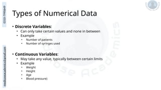 medicoseacademics@gmail.com
0310-7990649
Types of Numerical Data
• Discrete Variables:
• Can only take certain values and none in between
• Example
• Number of patients
• Number of syringes used
• Continuous Variables:
• May take any value, typically between certain limits
• Example
• Weight
• Height
• Age
• Blood pressure)
 