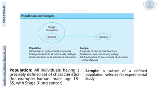 medicoseacademics@gmail.com
0310-7990649
Population: All individuals having a
precisely defined set of characteristics
(for example: human, male, age 18–
65, with Stage 3 lung cancer)
Sample: A subset of a defined
population, selected for experimental
study
 