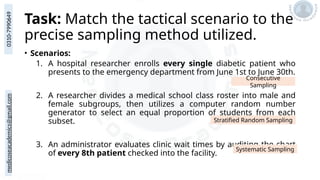 medicoseacademics@gmail.com
0310-7990649
Task: Match the tactical scenario to the
precise sampling method utilized.
• Scenarios:
1. A hospital researcher enrolls every single diabetic patient who
presents to the emergency department from June 1st to June 30th.
2. A researcher divides a medical school class roster into male and
female subgroups, then utilizes a computer random number
generator to select an equal proportion of students from each
subset.
3. An administrator evaluates clinic wait times by auditing the chart
of every 8th patient checked into the facility.
Consecutive
Sampling
Stratified Random Sampling
Systematic Sampling
 