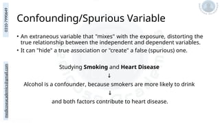 medicoseacademics@gmail.com
0310-7990649
Confounding/Spurious Variable
• An extraneous variable that "mixes" with the exposure, distorting the
true relationship between the independent and dependent variables.
• It can "hide" a true association or "create" a false (spurious) one.
Studying Smoking and Heart Disease
↓
Alcohol is a confounder, because smokers are more likely to drink
↓
and both factors contribute to heart disease.
 