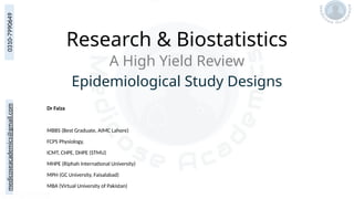 medicoseacademics@gmail.com
0310-7990649
Research & Biostatistics
Dr Faiza
MBBS (Best Graduate, AIMC Lahore)
FCPS Physiology,
ICMT, CHPE, DHPE (STMU)
MHPE (Riphah International University)
MPH (GC University, Faisalabad)
MBA (Virtual University of Pakistan)
A High Yield Review
Epidemiological Study Designs
 