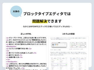 2カラムの実装正しいHTML
ブロックタイプエディタでは
⼤体の
問題解決できます
なかにはWYSIWYGエディタ引き継いでるエディタもある…
 