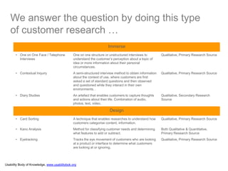 Immerse
• One on One Face / Telephone
Interviews
One on one structure or unstructured interviews to
understand the customer’s perception about a topic of
idea or more information about their personal
circumstances.
Qualitative, Primary Research Source
• Contextual Inquiry A semi-structured interview method to obtain information
about the context of use, where customers are first
asked a set of standard questions and then observed
and questioned while they interact in their own
environments. .
Qualitative, Primary Research Source
• Diary Studies An artefact that enables customers to capture thoughts
and actions about their life. Combination of audio,
photos, text, video.
Qualitative, Secondary Research
Source
Design
• Card Sorting A technique that enables researches to understand how
customers categorise content, information.
Qualitative, Primary Research Source
• Kano Analysis Method for classifying customer needs and determining
what features to add or subtract.
Both Qualitative & Quantitative,
Primary Research Source
• Eyetracking Tracks the eye movement of customers who are looking
at a product or interface to determine what customers
are looking at or ignoring.
Qualitative, Primary Research Source
We answer the question by doing this type
of customer research …
Usability Body of Knowledge, www.usabilitybok.org
 