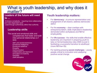 What is youth leadership, and why does it matter? Leaders of the future will need to … Embrace complexity – requiring more collaborative and inter-dependent work  Lead through authenticity rather than authority  Leadership skills  The social and emotional skills and competencies that foster and build inter-personal relationships (c.f Grit)  Self- and social-awareness  Emotional intelligence  Emotional resilience  Empathy  Communication  Collaboration and teamwork  Innovation & Creativity  Flexibility  (Self-)discipline  Youth leadership matters: For  democracy  – to ensure representation and engagement of all citizens; address democratic deficit  For the  economy  – clear overlaps with entrepreneurialism; skills implicated in leadership demanded within workplaces and NB for employability  For  life success  - the  skills that enable effective leadership are important in preparing youth to take on formal leadership roles AND crucial in facilitating a successful transition to adulthood (more NB than IQ) For tackling pressing  social challenges  – young people critical to innovation and catalysing positive social change 
