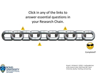 Click in any of the links to
answer essential questions in
     your Research Chain.




                                                            Completed?




                           Kinash, S. & Wood, K. (2010). A self-guided tour
                           of the research chain. Gold Coast Qld: Bond
                           University, Quality, Teaching, and Learning.
 