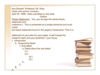Ima Student Professor I.M. Wise
Class and section numbers
April 24, 1998 - Date submitted or due date.
                              Outline
Thesis Statement: Yes, you do type the words thesis
statement and
underline it. This is presented as a single sentence and must
match
the thesis statement found in the paper's introduction. This is a

statement of your plan for your paper. It will include the
research topic and your assertion-- your focus.
I. Introduction
    A. Supporting Detail
        1. Sub-detail
           a. Detail about the sub detail
              (1.)
              (2.)
                   (a.)
                   (b.)
           b.
        2.
    B.
II.
 