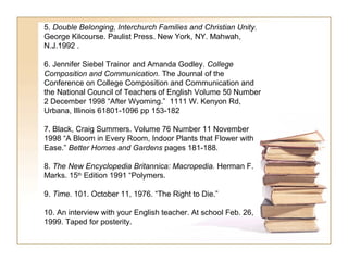 5. Double Belonging, Interchurch Families and Christian Unity.
George Kilcourse. Paulist Press. New York, NY. Mahwah,
N.J.1992 .

6. Jennifer Siebel Trainor and Amanda Godley. College
Composition and Communication. The Journal of the
Conference on College Composition and Communication and
the National Council of Teachers of English Volume 50 Number
2 December 1998 “After Wyoming.” 1111 W. Kenyon Rd,
Urbana, Illinois 61801-1096 pp 153-182

7. Black, Craig Summers. Volume 76 Number 11 November
1998 “A Bloom in Every Room, Indoor Plants that Flower with
Ease.” Better Homes and Gardens pages 181-188.

8. The New Encyclopedia Britannica: Macropedia. Herman F.
Marks. 15th Edition 1991 “Polymers.

9. Time. 101. October 11, 1976. “The Right to Die.”

10. An interview with your English teacher. At school Feb. 26,
1999. Taped for posterity.
 