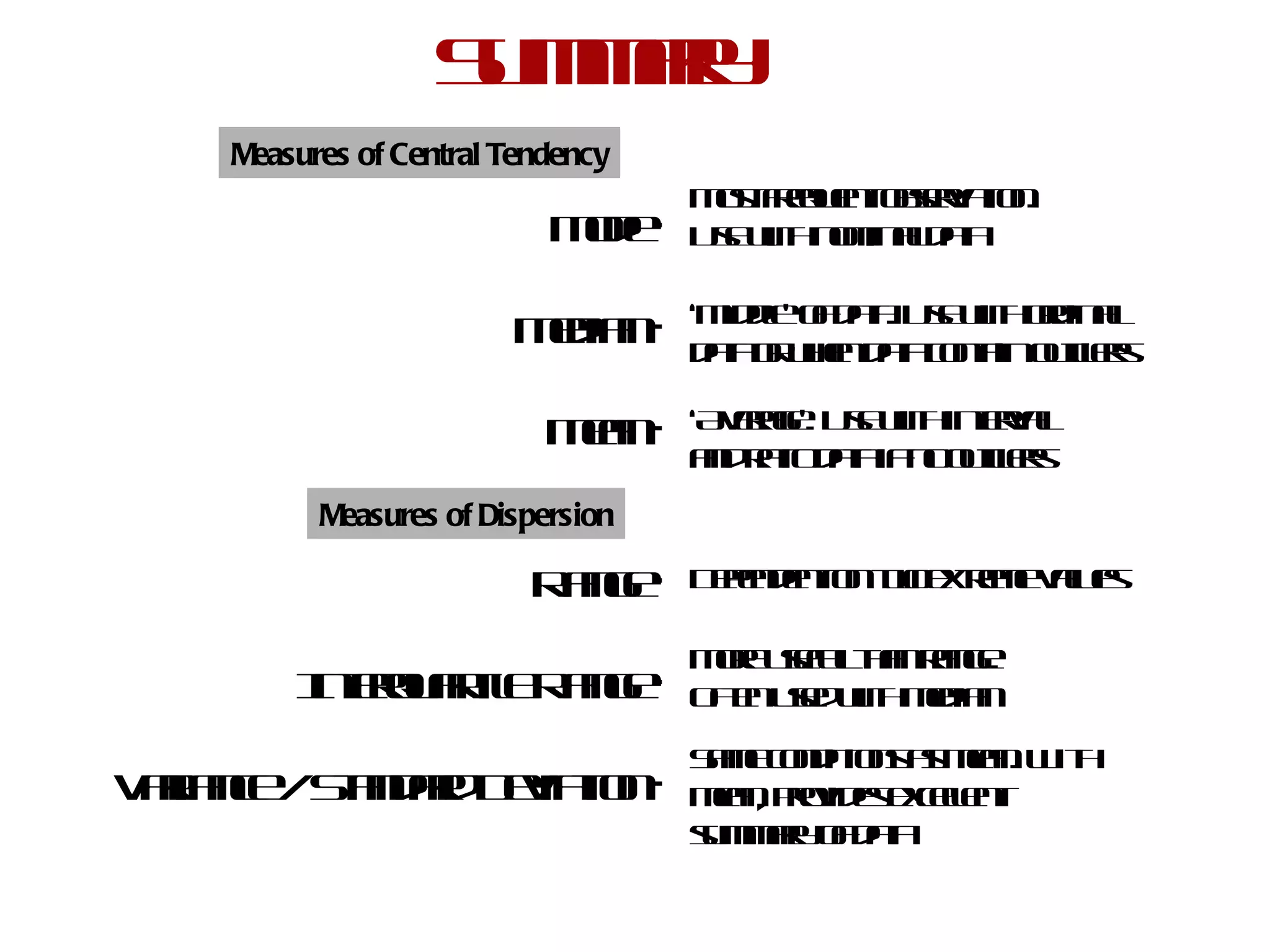 Summary Mode • Median • Mean • Range • Interquartile Range • Variance / Standard Deviation • Most frequent observation. Use with nominal data ‘ Middle’ of data. Use with ordinal data or when data contain outliers ‘ Average’. Use with interval and ratio data if no outliers Dependent on two extreme values More useful than range. Often used with median Same conditions as mean. With mean, provides excellent summary of data Measures of Central Tendency Measures of Dispersion 