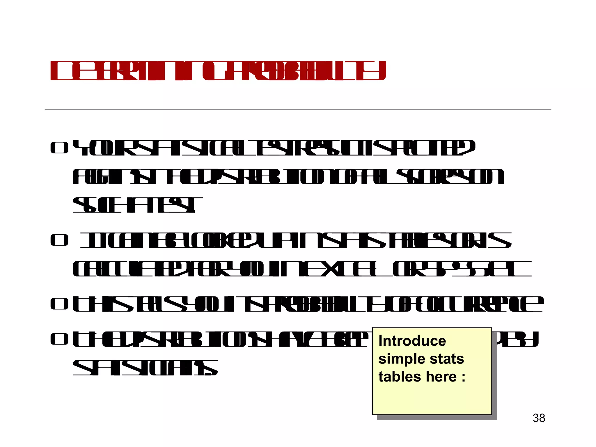 Determining probability Your statistical test result is plotted against the distribution of all scores on such a test. It can be looked up in stats tables or is calculated for you in EXCEL or SPSS etc This tells you its probability of occurrence The distributions have been determined by statisticians. Introduce simple stats tables here : 