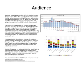 Audience
My target audience for this piece is 16-24 which is 17.7% of
the population of York. This is way higher than the national
average so I can create something for a niche audience and
still have it be relevant for a lot for people. This gives me a
lot of freedom when it comes to creating my video. I'm
going to focus primarily on 16-19 as these people are still
The majority of these people are students and a lot will
have part time jobs. The main issues effecting them are the
feeling of disorganisation, feeling overwhelmed and poor
mental health that effects them negatively. This is why
people turn to music as an escape because of the way it can
help people feel things and it shapes there lives and can pull
them out of a pit. It effects everyone differently and some
people theories that we need it to survive and out brains
were made for it
People aged 16-24 like not doing much at all, they enjoy
hanging out with there friends, listening to music and using
there phones. This works for what I want to create as it is
music videos for underground artists who's only means of
distribution is social media and I would be creating this
video for social media
Another thing about my audience is that they would have to
have a more than passive interest in hip hop and enjoy
listening to the genre so much that they explore new artists
and people who are less than mainstream. Last year Hip
hop was the favourite music genre
https://data.yorkopendata.org/dataset/2a844263-5c89-4fe1-95e9-ee5ae289598d/resource/ec0adf86-63d8-492e-b117-fa17a68c0610/download/york-profile.pdf
https://www.pfw.edu/offices/family-outreach/for-parents-from-sap/commonproblemsforstudents.html
https://www.quora.com/Why-do-people-need-music
https://www.statista.com/statistics/253915/favorite-music-genres-in-the-us/
 