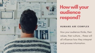 HUMANS ARE COMPLEX
Howwillyour
audience
respond?
How your audience thinks, their
values, their culture... these will
all i...