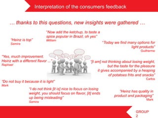 Interpretation of the consumers feedback	
 


       … thanks to this questions, new insights were gathered …	
 
                              “Now add the ketchup, to taste a
                              spice popular in Brazil, oh yes”
       “Heinz is top”         William
       Samira                                                       “Today we find many options for
                                                                                     light products”
                                                                                           Guilherme
“Yes, much improvement.
Heinz with a different flavor ...”                        “[I am] not thinking about losing weight,
Raphael                                                               but the taste for the pleasure
                                                               it gives accompanied by a heaping
                                                                      of potatoes frits and snacks”
                                                                                              Carlos
“Do not buy it because it is light”
Mark
                  “I do not think [it is] nice to focus on losing
                                                                              “Heinz has quality in
                  weight, you should focus on flavor, [it] ends
                                                                           product and packaging”
                  up being misleading”                                                        Mark
                  Samira


                                                                                        GROUP
                                                                                        2
 
