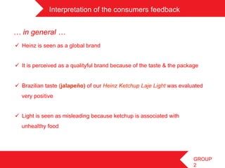 Interpretation of the consumers feedback	
 


… in general …	
 
ü  Heinz is seen as a global brand


ü  It is perceived as a qualityful brand because of the taste & the package


ü  Brazilian taste (jalapeño) of our Heinz Ketchup Laje Light was evaluated
  very positive


ü  Light is seen as misleading because ketchup is associated with
  unhealthy food




                                                                          GROUP
                                                                          2
 