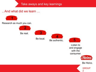 Take aways and key learnings	
 

.. And what did we learn …

       1
Research as much you can.

                  2
               Be real.         3
                            Be local.
                                              4
                                        Be authentic.      5
                                                          Listen to
                                                        and engage
                                                          with the
                                                         consumer.


                                                                      Be Heinz.

                                                                      GROUP
                                                                      2
 