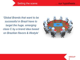 Setting the scene:        … our hypothesis…	
 




‘Global Brands that want to be
  successful in Brazil have to
   target the huge, emerging
class C by a brand idea based
on Brazilian flavors & lifestyle’	
 




                                                    GROUP
                                                    2
 