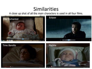 Similarities A close up shot of all the main characters is used in all four films. Ella Enchanted Eclipse Matilda Time Ban...