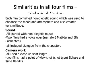 Similarities in all four films – Technical Codes <ul><li>Each film contained non-diegetic sound which was used to enhance ...