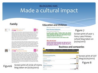 BLOGGING HAS
                Made a cultural impact

     Family                                Education and Children

                                                                       Figure 7
                                                                      Screen print of year 5
                                                                      Ferry Lane Primary
                                                                      school blog taken on
                                                                      (07/03/2012)

                                                         Business and companies


                                                                           Screen print of CAT
                                                                           blog (07/03/2012)
                                                                              Figure 8
          Screen print of circle of moms
Figure6   blog taken on (07/03/2012)
 