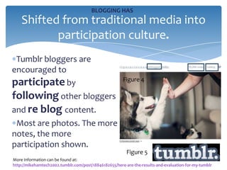BLOGGING HAS
    Shifted from traditional media into
           participation culture.
 Tumblr bloggers are
encouraged to
                                                       Figure 4
participate by
following other bloggers
and re blog content.
 Most are photos. The more
notes, the more
participation shown.
                                                         Figure 5
More information can be found at:
http://mikehamtech2002.tumblr.com/post/18846182655/here-are-the-results-and-evaluation-for-my-tumblr
 