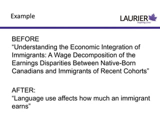 BEFORE
“Understanding the Economic Integration of
Immigrants: A Wage Decomposition of the
Earnings Disparities Between Native-Born
Canadians and Immigrants of Recent Cohorts”
AFTER:
“Language use affects how much an immigrant
earns”
Example
 