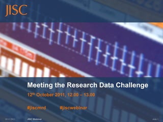 Meeting the Research Data Challenge
             12th October 2011, 12.00 – 13.00

             #jiscmrd       #jiscwebinar

10/11/2011   JISC Webinar                          slide 1
 
