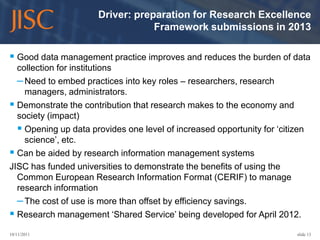 Driver: preparation for Research Excellence
                                  Framework submissions in 2013

 Good data management practice improves and reduces the burden of data
  collection for institutions
  – Need to embed practices into key roles – researchers, research
    managers, administrators.
 Demonstrate the contribution that research makes to the economy and
  society (impact)
   Opening up data provides one level of increased opportunity for ‘citizen
    science’, etc.
 Can be aided by research information management systems
JISC has funded universities to demonstrate the benefits of using the
  Common European Research Information Format (CERIF) to manage
  research information
  – The cost of use is more than offset by efficiency savings.
 Research management ‘Shared Service’ being developed for April 2012.
10/11/2011                                                                slide 13
 