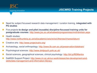 JISCMRD Training Projects



 Need for subject focussed research data management / curation training, integrated with
  PG studies
 Five projects to design and pilot (reusable) discipline-focussed training units for
  postgraduate courses: http://www.jisc.ac.uk/whatwedo/programmes/mrd/rdmtrain.aspx
 Health studies:
  http://www.northumbria.ac.uk/sd/academic/ceis/re/isrc/themes/rmarea/datum/
 Creative arts: http://www.projectcairo.org/
 Archaeology, social anthropology: http://www.lib.cam.ac.uk/preservation/datatrain/
 Psychological sciences: http://www.dmtpsych.york.ac.uk/
 Social sciences, geographical sciences, clinical psychology: http://bit.ly/RDMantra
 DaMSSI Support Project: http://www.rin.ac.uk/our-work/researcher-development-and-
  skills/data-management-and-information-literacy
 