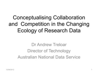 Conceptualising Collaboration
   and Competition in the Changing
      Ecology of Research Data

                    Dr Andrew Treloar
                  Director of Technology
             Australian National Data Service

18/06/2012                                      1
 