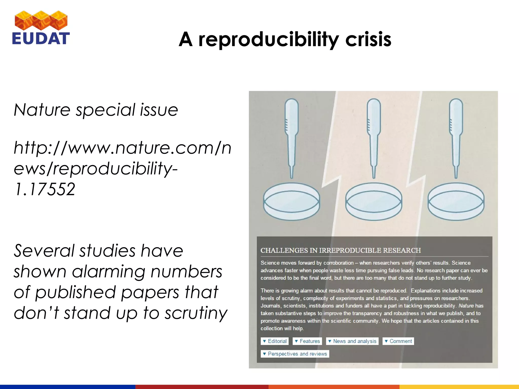 A reproducibility crisis
Nature special issue
http://www.nature.com/news
/reproducibility-1.17552
Several studies have shown
alarming numbers of
published papers that don’t
stand up to scrutiny
 
