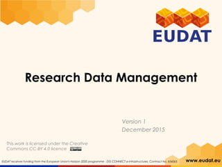 EUDAT receives funding from the European Union's Horizon 2020 programme - DG CONNECT e-Infrastructures. Contract No. 654065 www.eudat.eu
Research Data Management
Version 2
August 2016
This work is licensed under the Creative
Commons CC-BY 4.0 licence
 