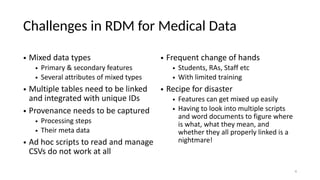 Challenges in RDM for Medical Data
• Mixed data types
• Primary & secondary features
• Several attributes of mixed types
• Multiple tables need to be linked
and integrated with unique IDs
• Provenance needs to be captured
• Processing steps
• Their meta data
• Ad hoc scripts to read and manage
CSVs do not work at all
• Frequent change of hands
• Students, RAs, Staff etc
• With limited training
• Recipe for disaster
• Features can get mixed up easily
• Having to look into multiple scripts
and word documents to figure where
is what, what they mean, and
whether they all properly linked is a
nightmare!
4
 
