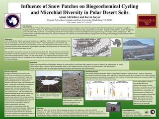 Influence of Snow Patches on Biogeochemical Cycling
                                and Microbial Diversity in Polar Desert Soils
                                                                                            Adam Altrichter and Kevin Geyer
                                                                       Virginia Polytechnic Institute and State University, Blacksburg, VA 24061
                                                                                                          NSF Funded: Award ANT - 0838922

                               Introduction
                               The McMurdo Dry Valleys of Antarctica are a polar desert environment representing an end‐member ecosystem within the National Science Foundation’s Long Term 
                               Ecological Research  Network. In the Dry Valleys extreme climate and edaphic conditions shape unique biotic communities.  Despite these limitations, recent findings have 
                               shown that Dry Valley  soils host surprisingly high microbial diversity despite a low diversity of higher trophic organisms (e.g. nematodes, rotifers, tardigrades) 1.  This 
                               project seeks to understand the influence of seasonal melting of snow patches on microbial distribution, biogeochemical cycling, and hydrologic processes which influence 
                               permafrost dynamics. 

Background
In the McMurdo Dry Valleys mean annual temperatures range from ‐16°C to ‐21°C and precipitation is less 
than 10 cm annually 2.  Thus, the presence of liquid water is a primary limitation on the assembly and 
activity of biological communities in the Dry Valleys.  Snow, mainly from aeolian redistribution in winter is 
a potential source of water, but ablation of snow packs is thought to be driven mainly by sublimation, with 
little melt contributing liquid water to soils 3.

Only during the short austral  summer do temperatures rise above 0°C.  These windows of melt have the 
possibility of contributing significant soil moisture to surrounding soils, resulting in permafrost recharge 
and enhanced biogeochemical cycling.  The goal of this project is to understand these processes, with a 
particular interest in effects of snow packs on the distribution of microbial diversity and activity across the 
Dry Valley landscape.  

                                          Questions
                                          *What is the overall annual hydrologic balance of snow patches, particularly with regards to losses of water (e.g. sublimation  vs. melt)?
                                          *What effects does enhanced water availability have on soil biogeochemical cycling and microbial diversity and distribution?
                                          *Over what spatial scales do snow patch dynamics influence soil processes and communities?   
Research Approach                                                                                                                        Preliminary Results
During the austral summer of Nov. 2009 –                                                                                                 Early season sampling (November 2009) in Taylor Valley showed the following results.  Depth to  permafrost 
Jan.2010 18 snow patches of similar aspect,                                                                                              decreased with proximity to snow patch edge (Fig. 1), potentially a result of the insulation from incident radiation 
slope, and area were identified in Taylor and                                                                                            and air temperatures provided by snow patches.  Soil moisture increased with proximity to snow patch edge (Fig. 
Wright Valleys to compare ablation dynamics                                                                                              2), evidence of liquid water contributions to soils.
and resulting influences on soil processes 
                                                                                                                                                                                                                         In our ongoing work at Virginia 
between and within valleys. We resampled each                                                                                             Fig. 1                                  Fig. 2
                                                                                                                                                                                                                         Tech we are examining 
patch 3 times over the summer to characterize 
                                                                                                                                                                                                                         relationships among microbial 
temporal variation within subnivian and 
                                                                                                                                                                                                                         biomass, invertebrate communities 
exposed soils.  We collected surface soils 
                                                                                                                                                                                                                         and biogeochemical properties of 
(<10cm), and measured depth to ice cement 
                                                                                                                                                                                                                         subnivian soils.  In particular, we 
and soil temperature.  GPS and LIDAR (Light 
                                                                                                                                                                                                                         are interested in characterizing 
Detection/Ranging) were used to monitor the        Three transects were established at each                                                                                                                              carbon and nitrogen cycling as well 
seasonal change in patch volume.  Snow             patch, radiating outward and typically                                                                                                                                as primary productivity of soil 
samples were collected from nearby reference  downslope.
                                                                                                  Long term monitoring stations                                                                                          algae.  We hope to examine the 
patches to characterize ablation dynamics using 
                                                                                                  were deployed to measure soil                                                                                          spatial heterogeneity of  these 
snow density and 18O/16O; D/H ratios. Soil 
                                                                                                  moisture, temperature, and                                                                                             processes and their relation to 
samples will be analyzed for a variety of 
                                                                                                  tension through the year.                                                                                              features on the landscape.
physical, geochemical, and biotic 
characteristics, including microbial and 
invertebrate diversity and biomass.  High spatial  References
resolution satellite imagery will be used to        1Cary, et al.  2010.  On the rocks: the microbiology of Antarctic Dry Valley soils.  Nature 8: 129‐138.
                                                                                                                                                                                                    Acknowledgements
document the spatial distribution of patches        2Fountain, et al.  1999.  Physical controls on the  Taylor Valley ecosystem, Antarctica.  BioScience 49: 961‐971.
                                                                                                                                                                                                    National Science Foundation
across the landscape and extrapolate findings to  3Gooseff, et al.  2003.  Snow‐patch influence on soil biogeochemical processes and invertebrate distribution in the                               United States Antarctic Program
the greater McMurdo Dry Valley region.                McMurdo Dry Valleys, Antarctica.  Arctic, Antarctic, and Alpine Research 35: 91‐99.                                                           Penn State and U. of New Mexico collaborators
 