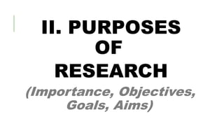II. PURPOSES
OF
RESEARCH
(Importance, Objectives,
Goals, Aims)
 