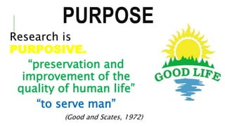 PURPOSE
Research is
PURPOSIVE.
“preservation and
improvement of the
quality of human life”
“to serve man”
(Good and Scates, 1972)
 