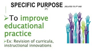 SPECIFIC PURPOSE (RELATED TO 2ND AND
3RD)
To improve
educational
practice
Ex: Revision of curricula,
instructional innovations
 
