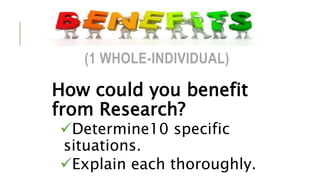 (1 WHOLE-INDIVIDUAL)
How could you benefit
from Research?
Determine10 specific
situations.
Explain each thoroughly.
 