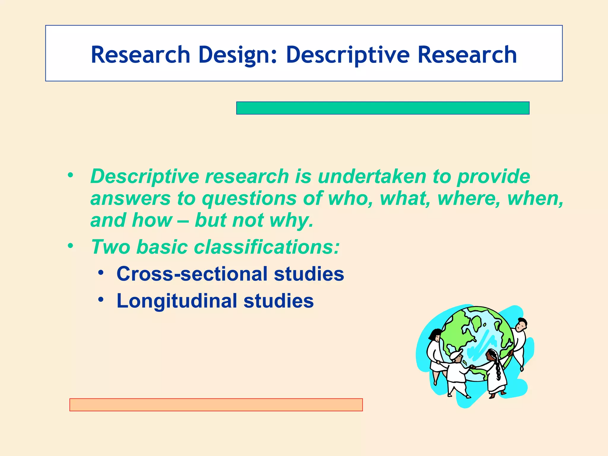 Research Design: Descriptive Research Descriptive research is undertaken to provide answers to questions of who, what, where, when, and how – but not why.  Two basic classifications: Cross-sectional studies   Longitudinal studies 