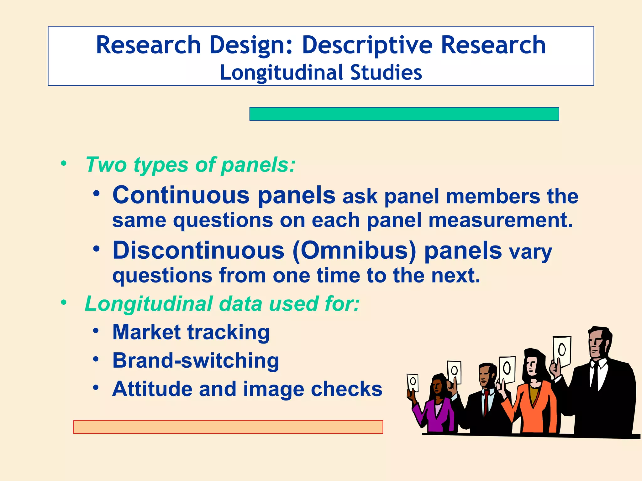 Research Design: Descriptive Research Longitudinal Studies Two types of panels: Continuous panels  ask panel members the same questions on each panel measurement. Discontinuous (Omnibus) panels  vary questions from one time to the next.  Longitudinal data used for: Market tracking Brand-switching  Attitude and image checks  