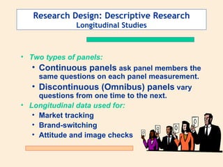 Research Design: Descriptive Research Longitudinal Studies Two types of panels: Continuous panels  ask panel members the same questions on each panel measurement. Discontinuous (Omnibus) panels  vary questions from one time to the next.  Longitudinal data used for: Market tracking Brand-switching  Attitude and image checks  