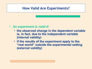 How Valid Are Experiments? An experiment is valid if: the observed change in the dependent variable is, in fact, due to the independent variable (internal validity) if the results of the experiment apply to the “real world” outside the experimental setting (external validity) 